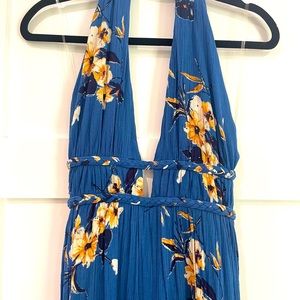 Blue detailed floral halter dress